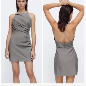 Zara Women’s Ruched Fitted Strappy Back Backless Gray Mini Dress Size XL